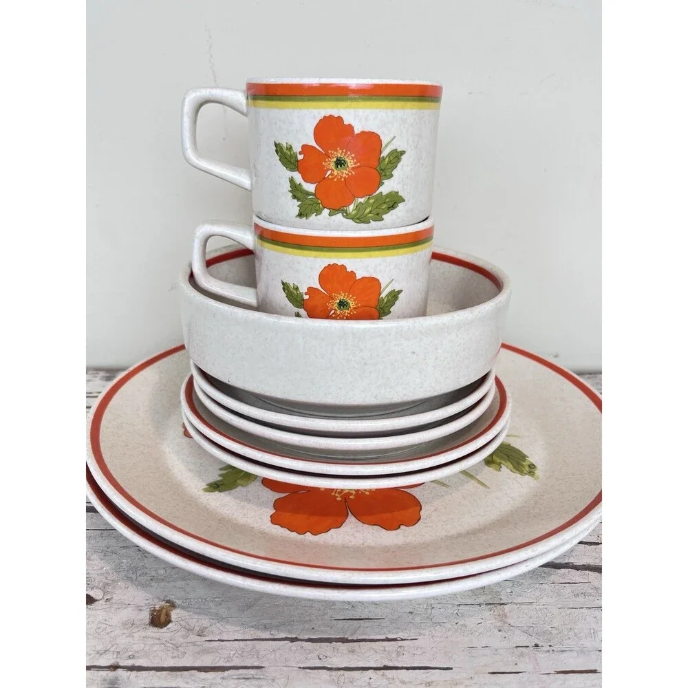 Vintage Lenox Dinnerware “Fire Flower” (Set Of 7) Retro Cottage Home 1970’s